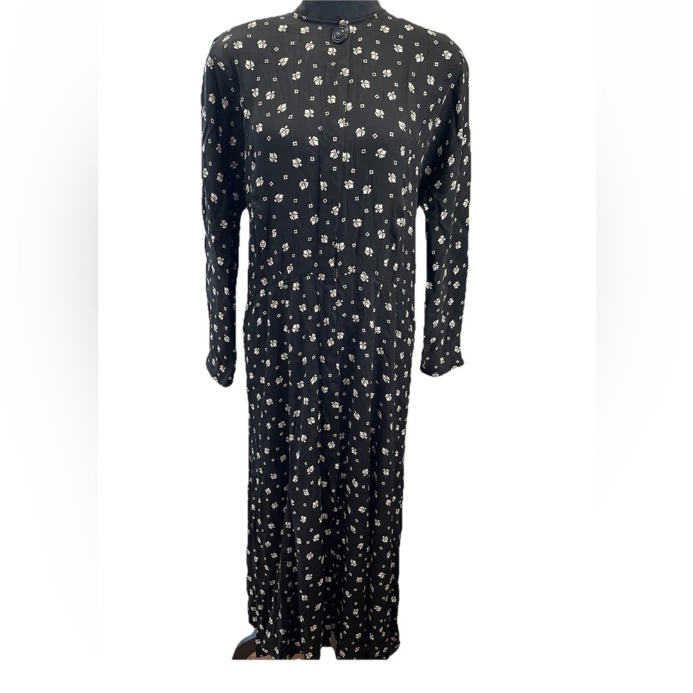 Leslie Fay ladies all rayon day dress size 8 VTG 1970s black beige print